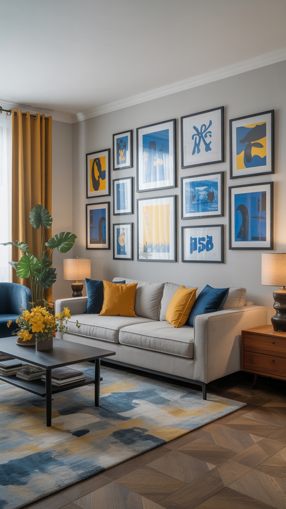 A stylish living room featuring a gallery wall with blue and yellow artwork, a light sofa with colorful pillows, and a cozy atmosphere.