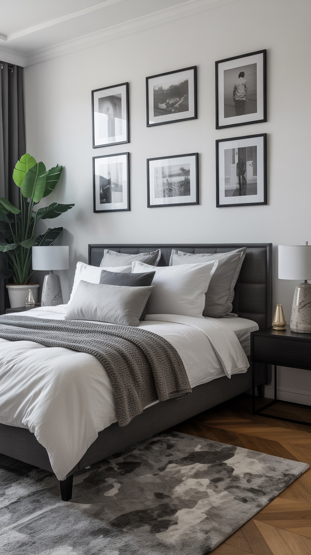 A stylish black and white bedroom featuring framed photographs on the wall, a cozy bed with gray and white bedding, and a decorative plant.