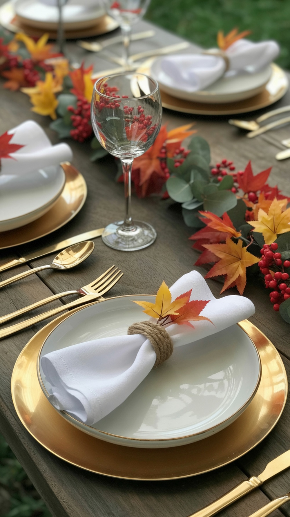 A rustic Thanksgiving table setting featuring white napkins tied with twine and autumn leaves, gold-rimmed plates, and shiny cutlery.
