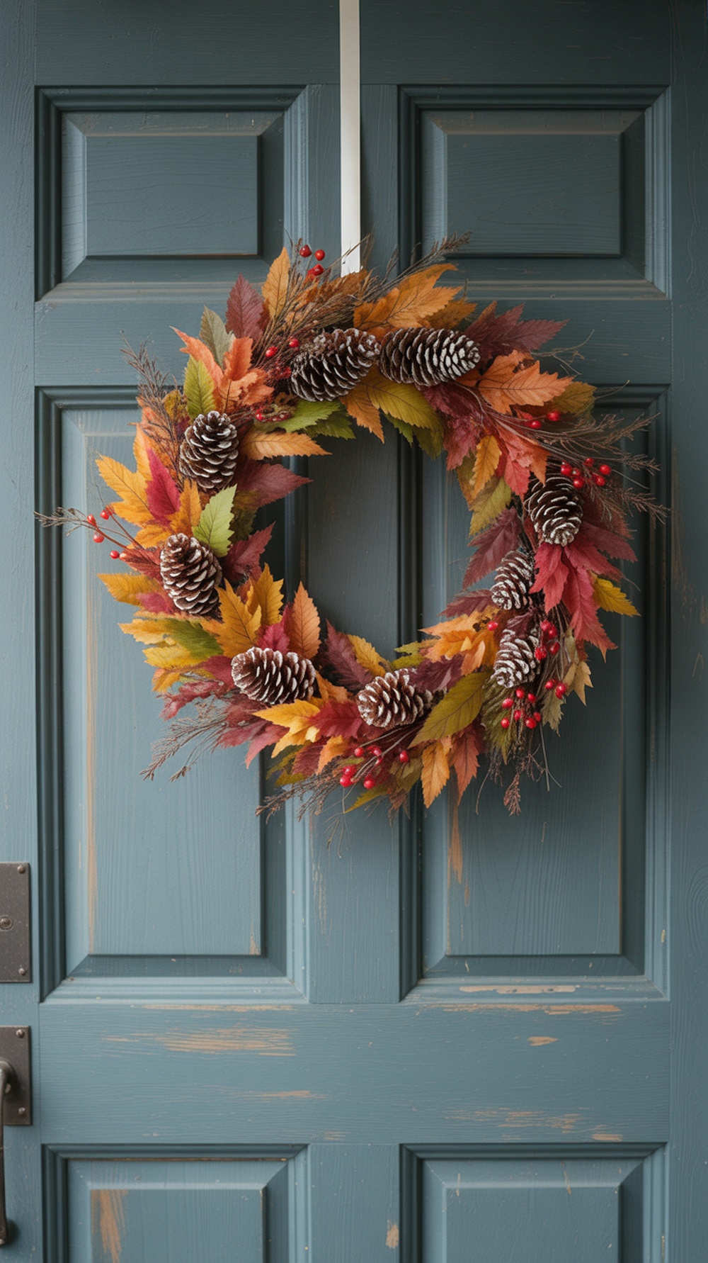 A colorful autumn wreath with pinecones and leaves hanging on a blue door.