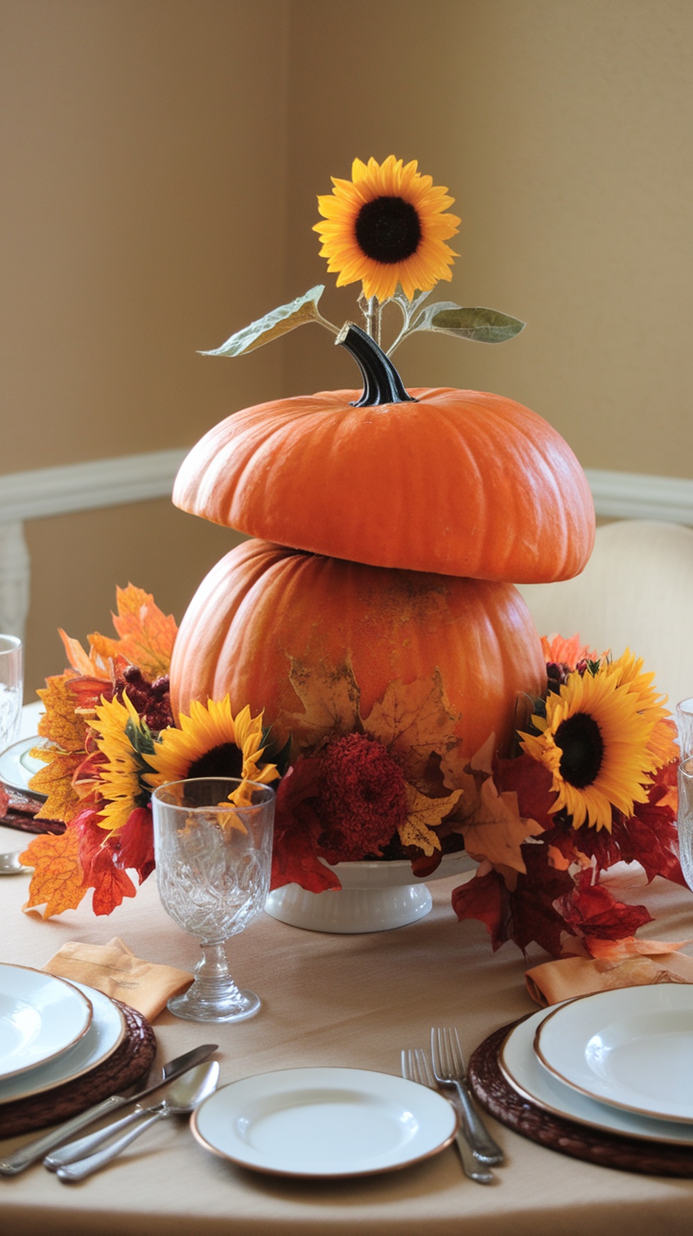 A Thanksgiving table centerpiece featuring stacked pumpkins and sunflowers surrounded by autumn leaves.