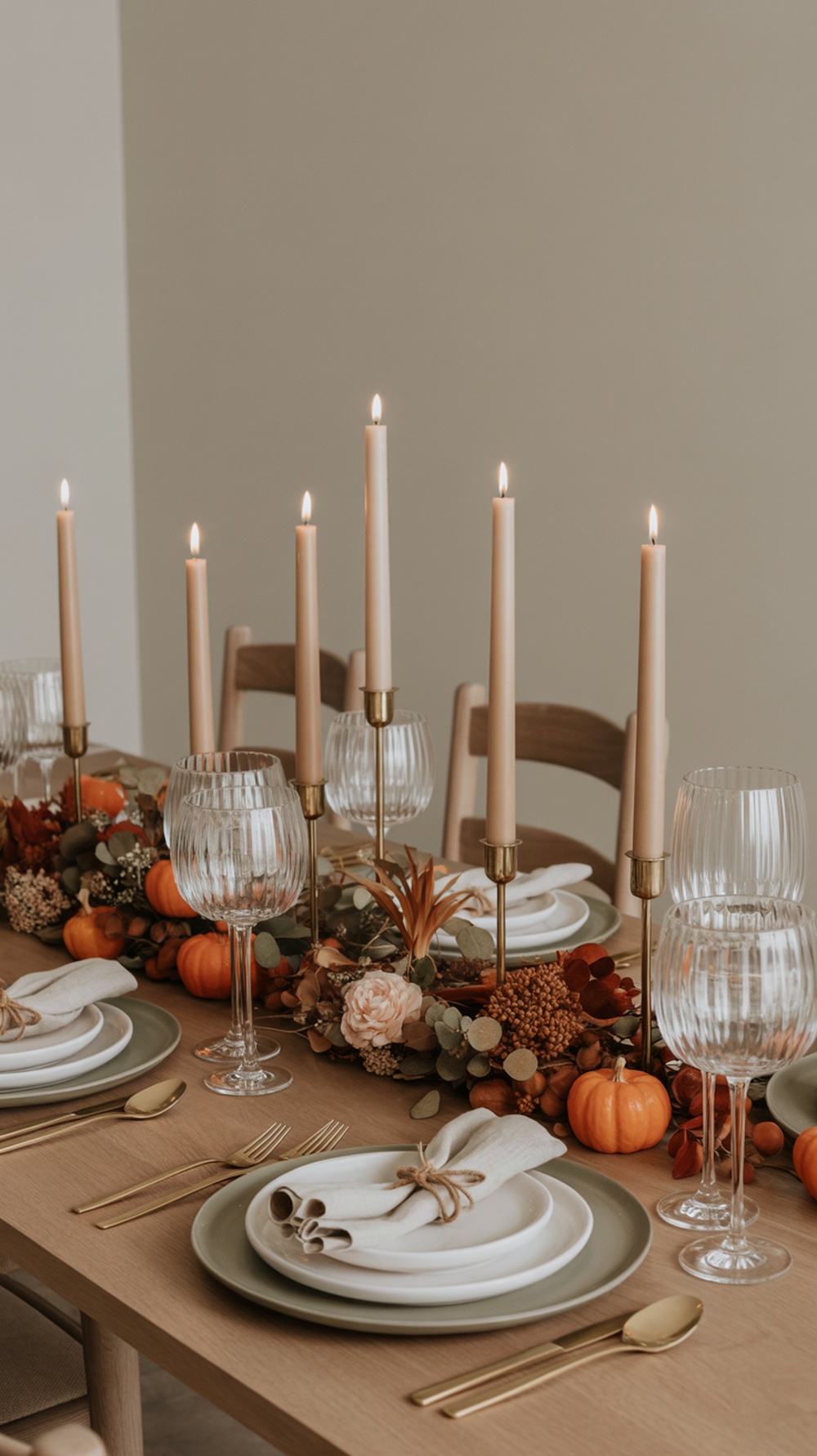 A neutral Thanksgiving table setting featuring tall candles, floral arrangements, and small pumpkins.