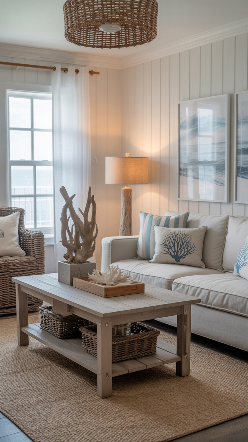 Cozy coastal living room with natural materials and beach-themed decor
