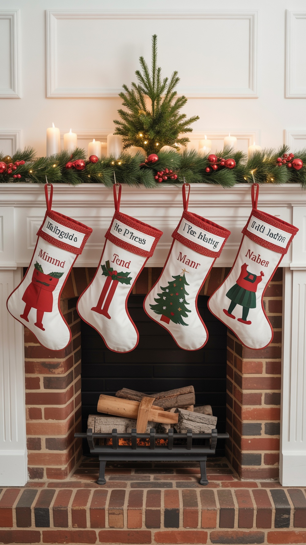 Four Christmas stockings hanging by a fireplace, each with unique designs and names.