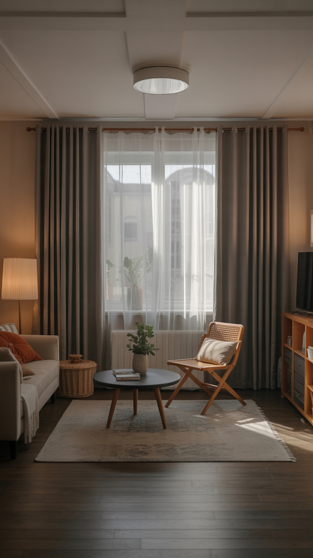 A cozy living room featuring blackout curtains, a comfortable sofa, and a stylish coffee table.