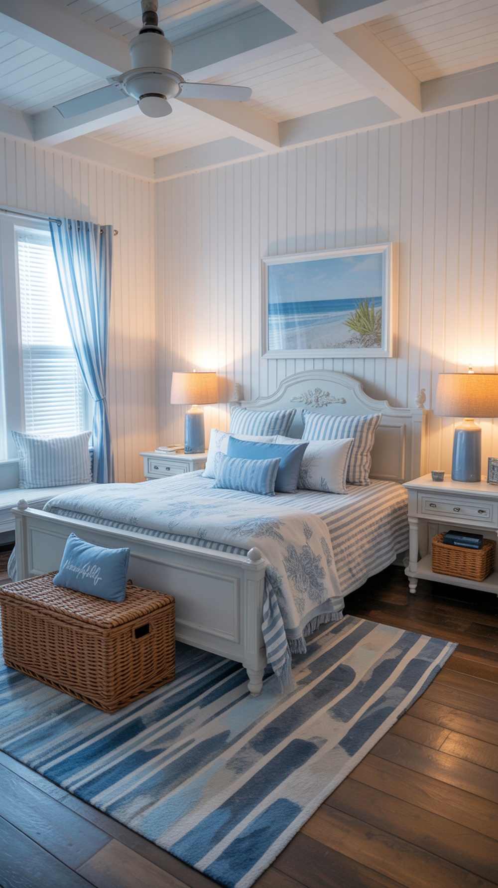 A cozy blue and white bedroom with coastal decor, featuring a striped comforter, pillows, and beach-themed artwork.