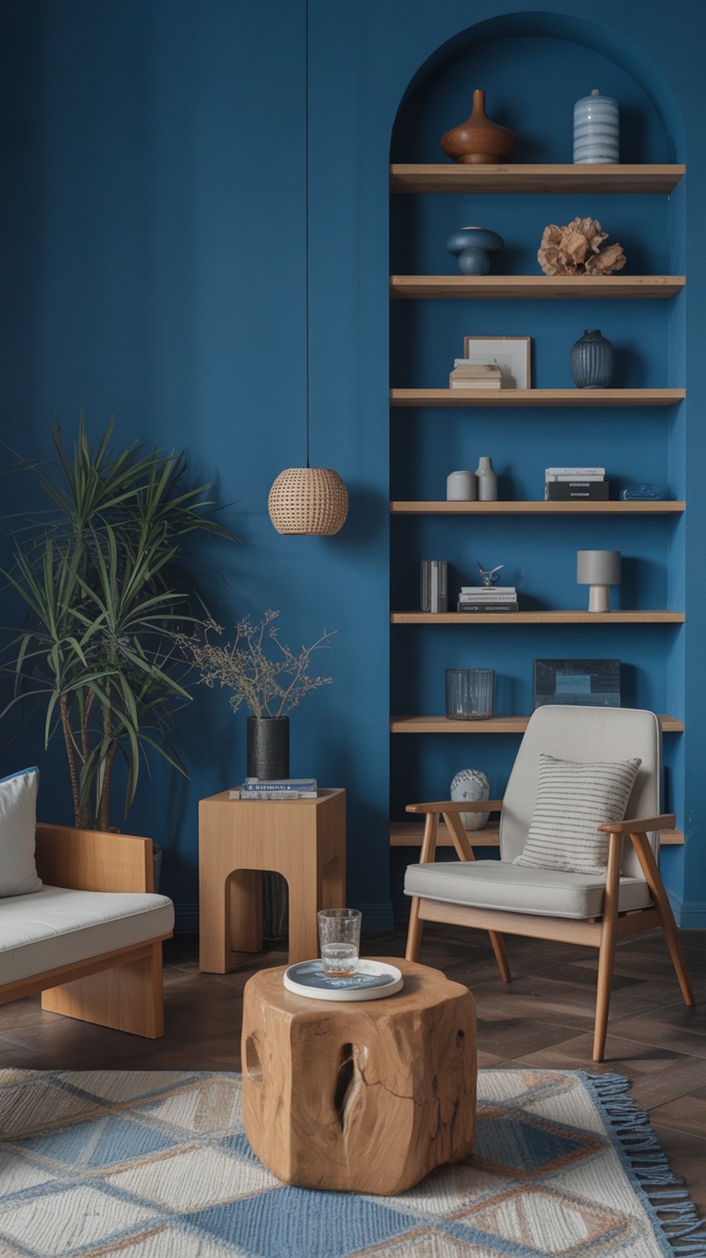 A cozy living room featuring deep blue walls, wooden furniture, and plants.