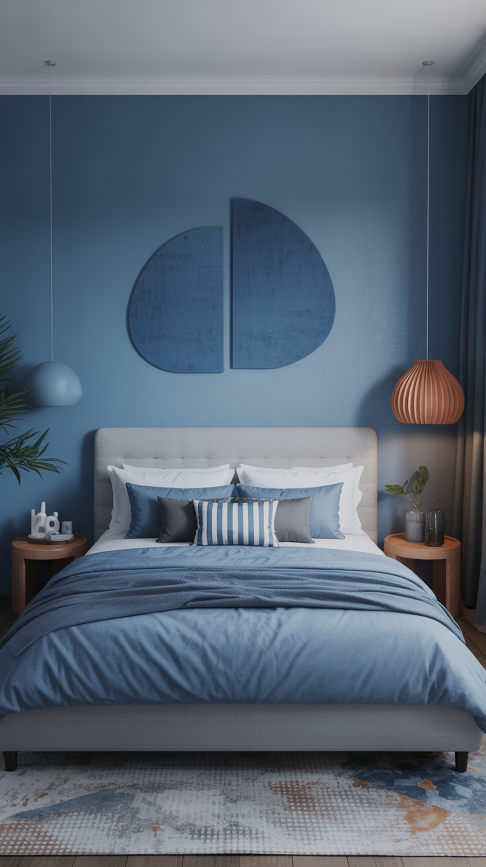 A stylish blue bedroom featuring a comfortable bed with various blue pillows, earthy wooden nightstands, and modern wall art.