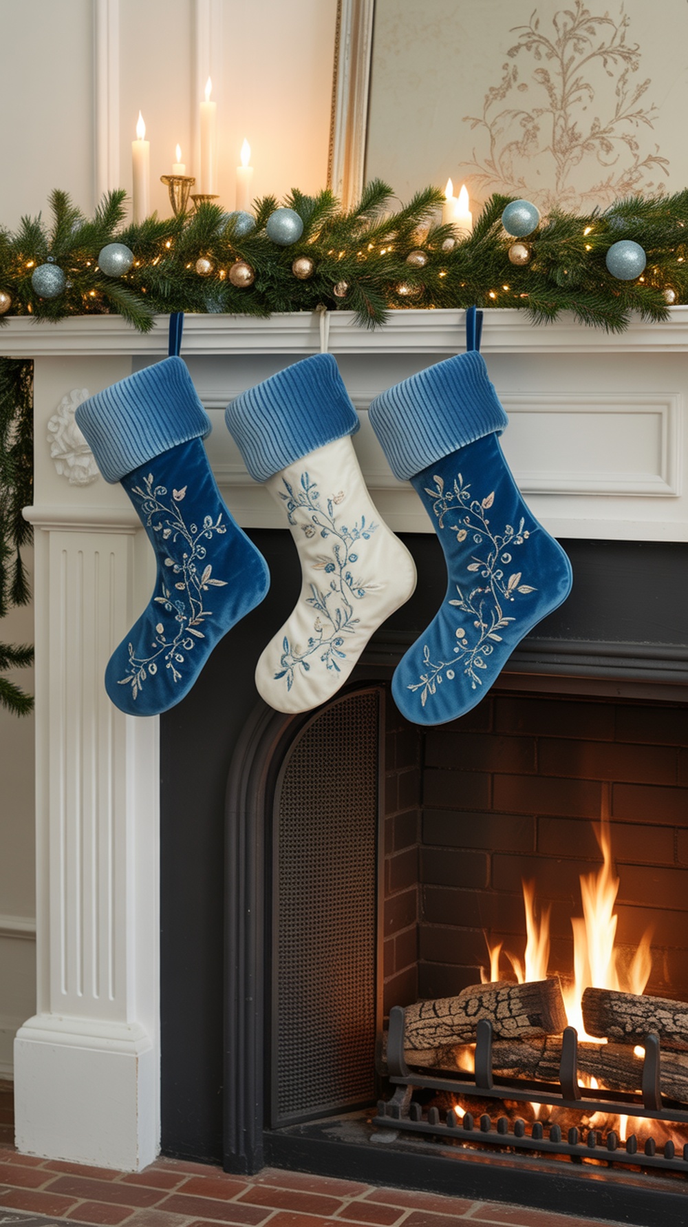 Three blue velvet stockings hanging on a mantel, decorated with greenery and candles.