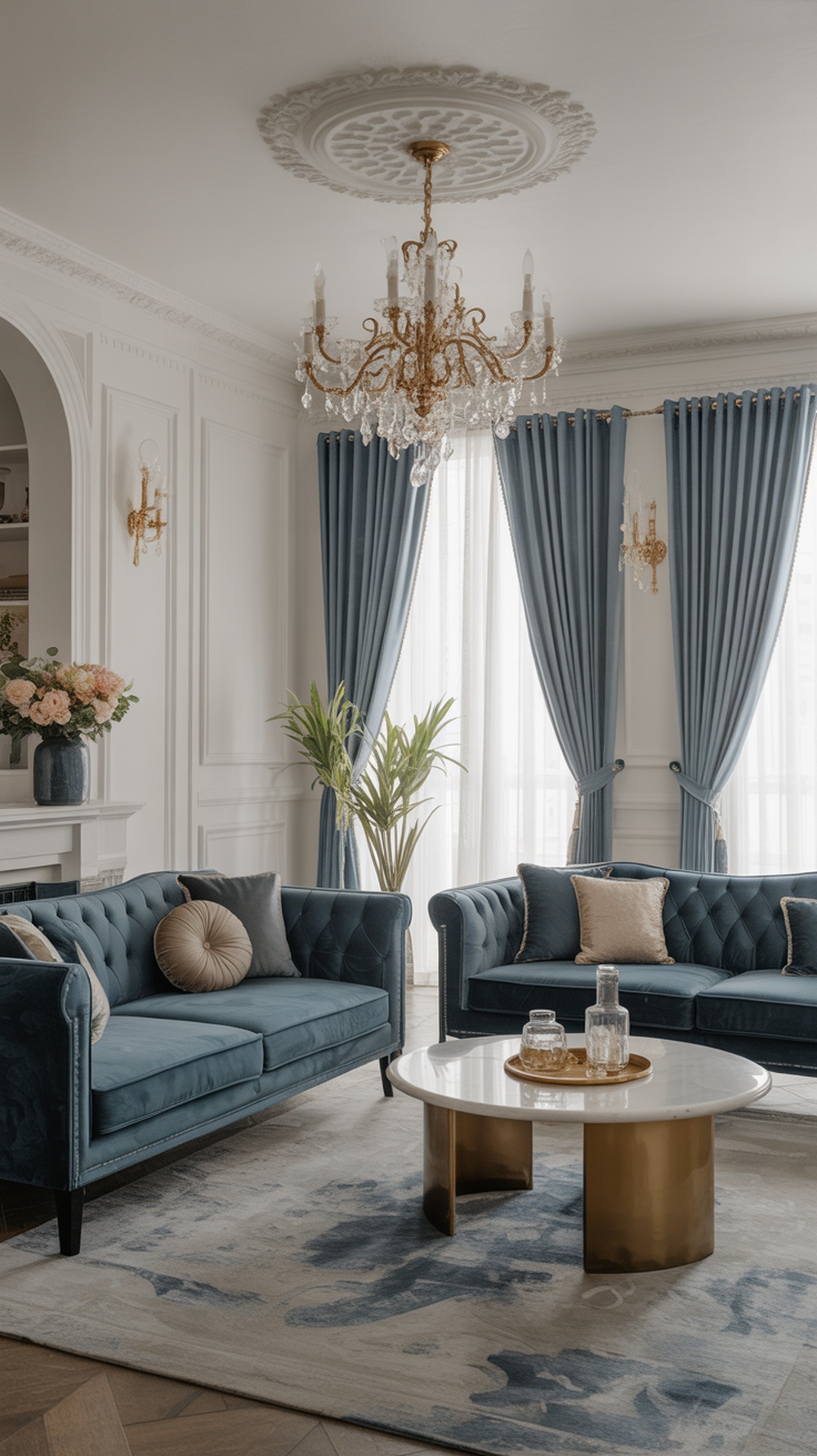 A stylish living room featuring blue velvet sofas, a round coffee table, and elegant decor.
