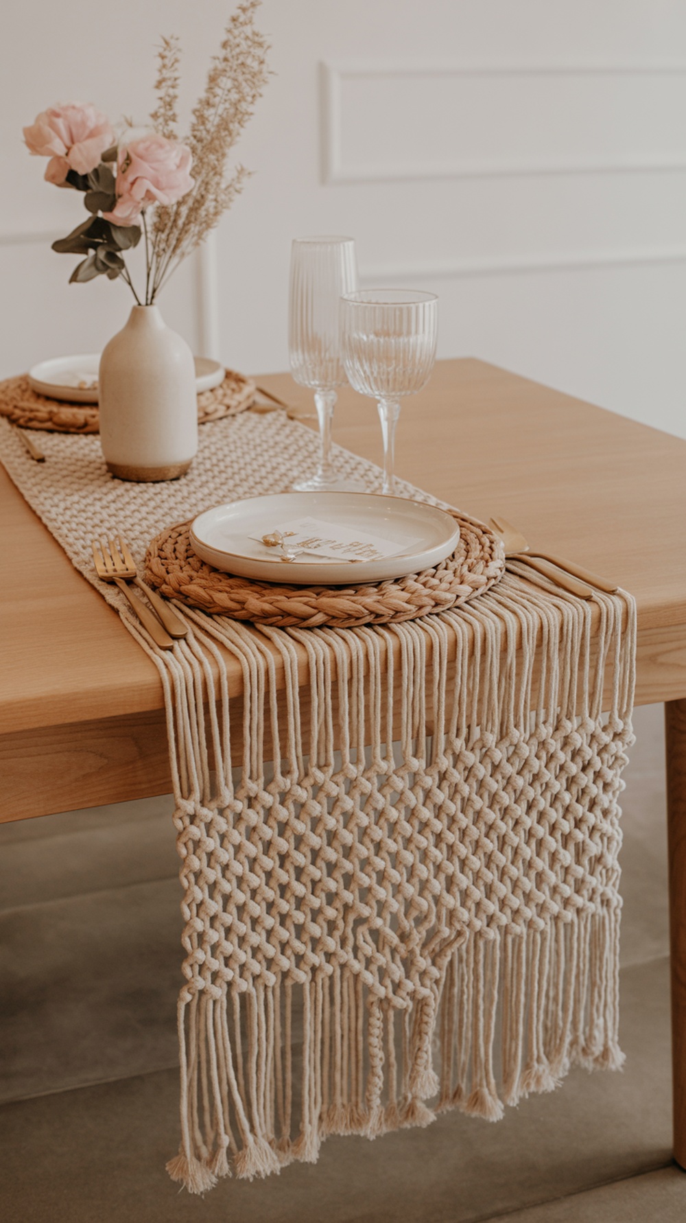 A bohemian textured table runner on a wooden table, featuring woven placemats, simple dishware, and a vase with flowers.
