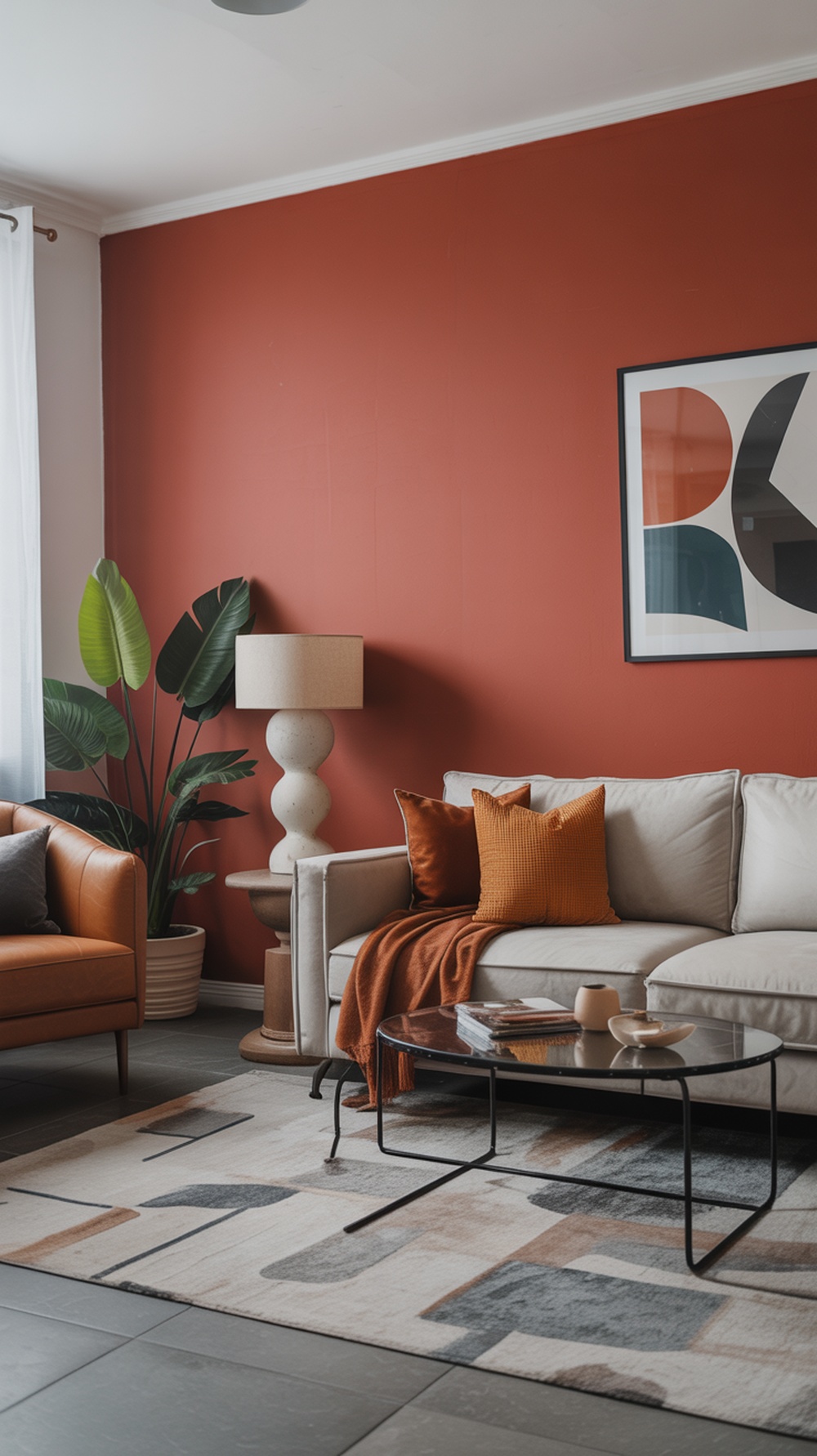 A living room featuring a terracotta accent wall with stylish furniture and decor.