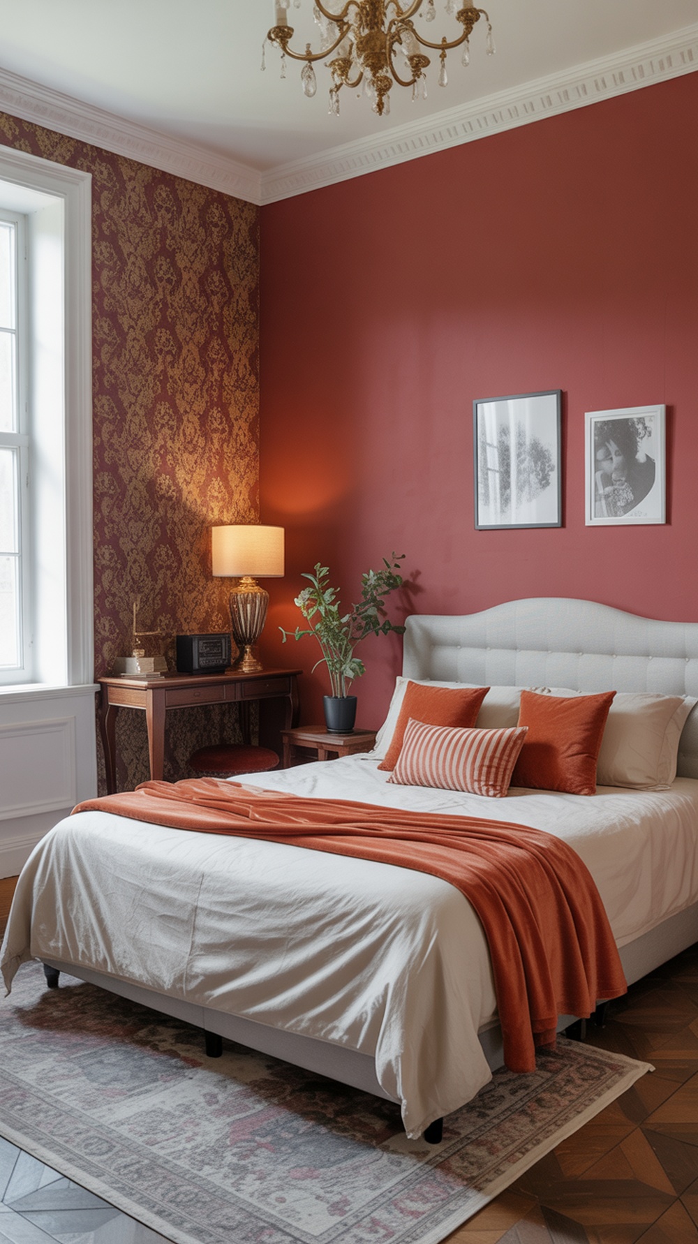 A modern vintage bedroom featuring a bold red accent wall with patterned wallpaper, a stylish bed, and decorative elements.