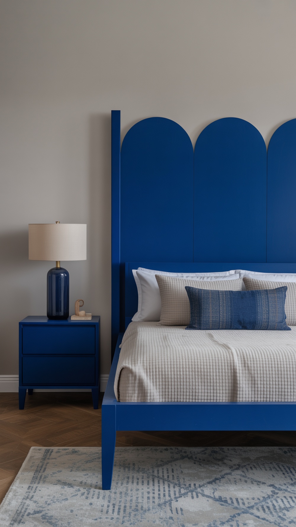 A bedroom featuring cobalt blue furniture, including a bed with a rounded headboard and a matching nightstand with a lamp.
