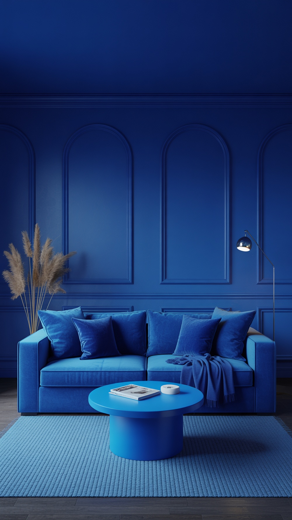 A cobalt blue living room featuring a plush sofa, round coffee table, and textured rug.