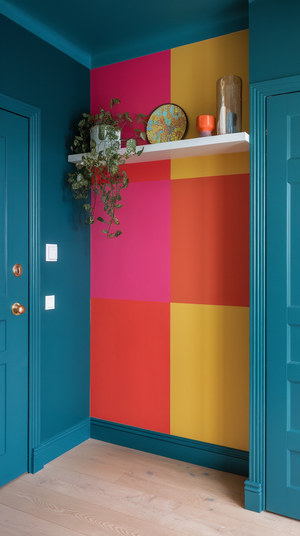 An entryway featuring bold color blocks in pink, orange, and yellow, with a teal wall and a shelf displaying decorative items.