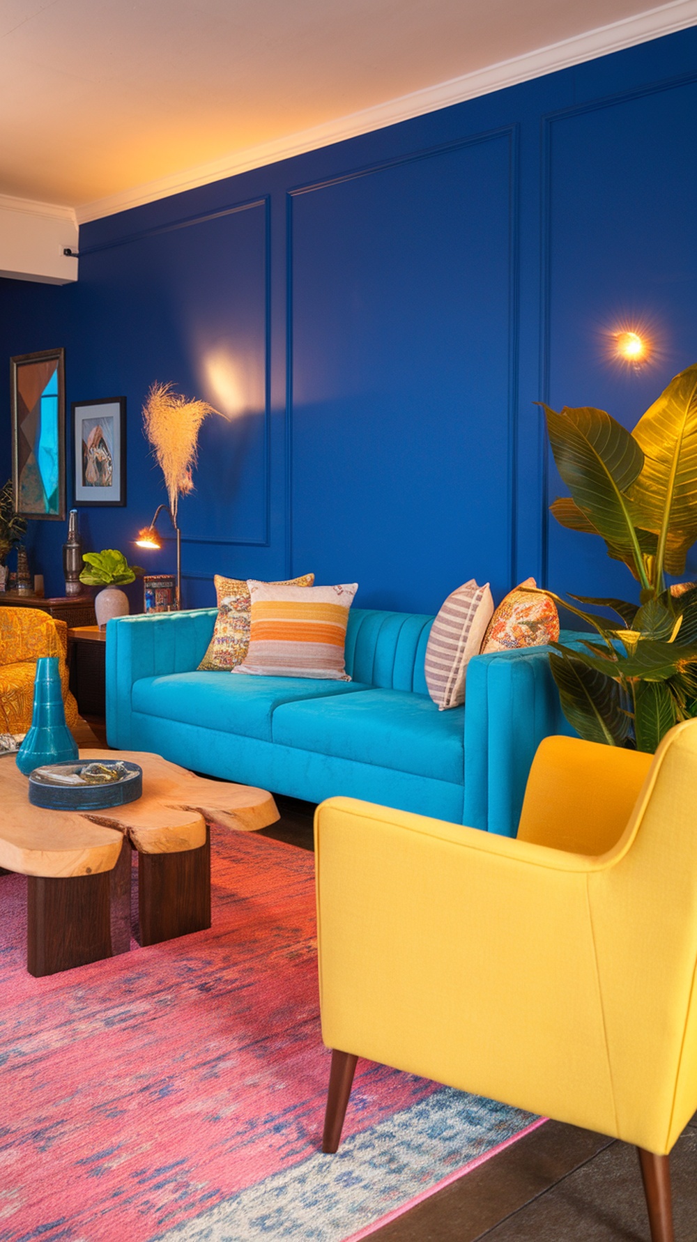 A vibrant living room featuring a blue wall, turquoise couch, yellow chair, and colorful decor.