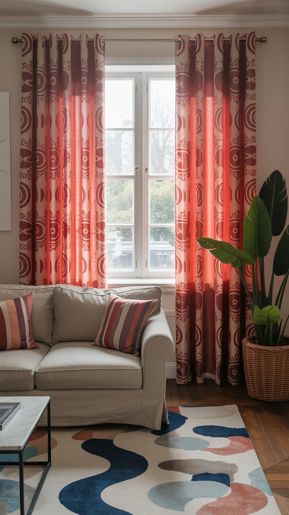 Living room with bold patterned red and white drapes, light sofa, striped pillows, and an abstract rug.