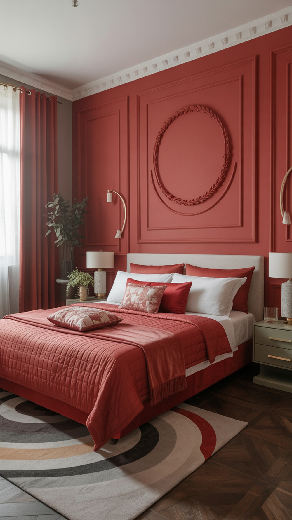 A cozy bedroom with a bold red accent wall, featuring a stylish bed with red and white bedding, a round rug, and elegant lamps.
