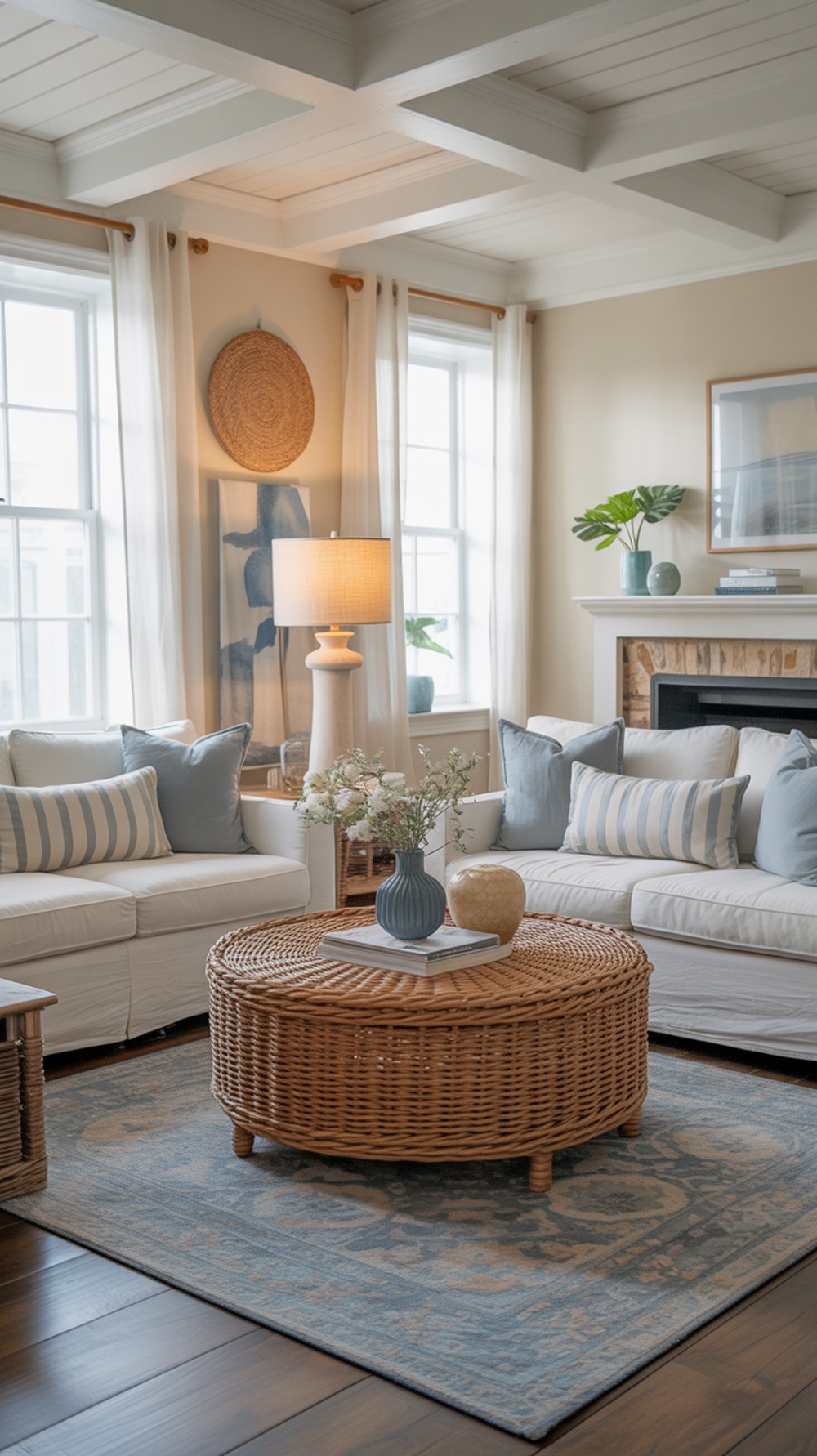 A bright coastal living room featuring white sofas, blue accents, and natural textures.