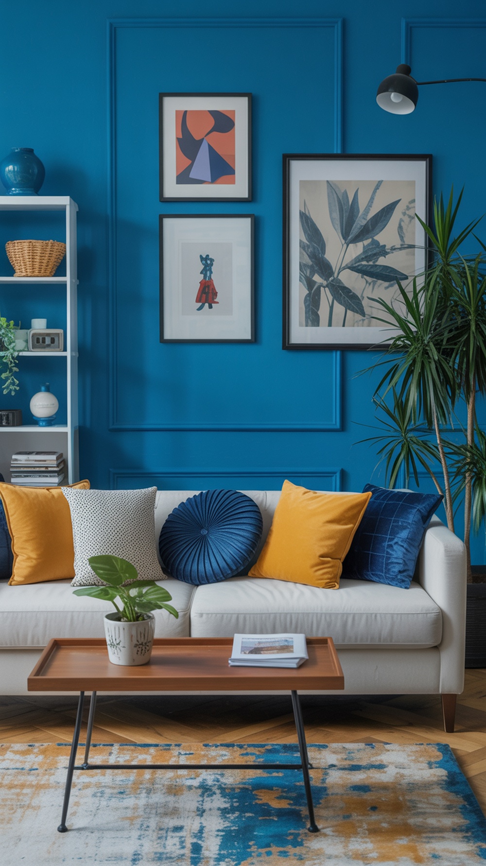 Bright blue accent wall in a stylish living room with white couch and colorful pillows.