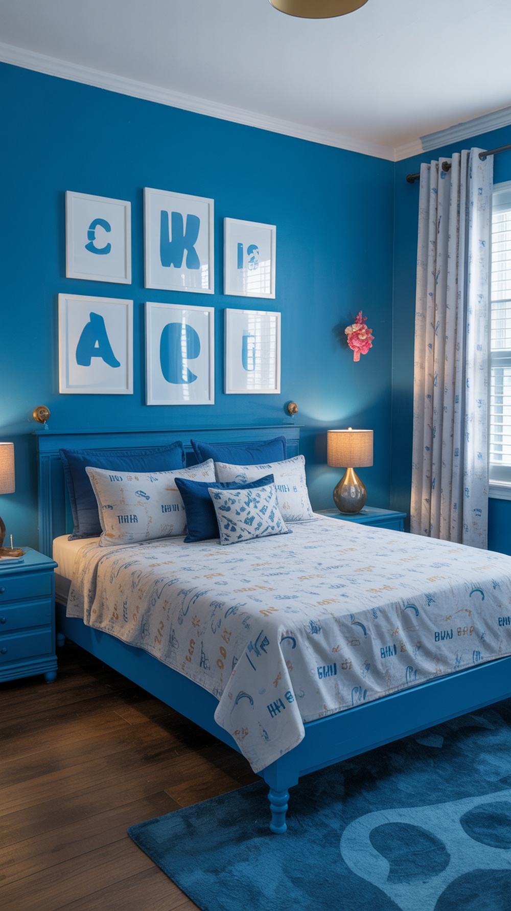 A bright blue bedroom featuring playful patterns on bedding and wall art.