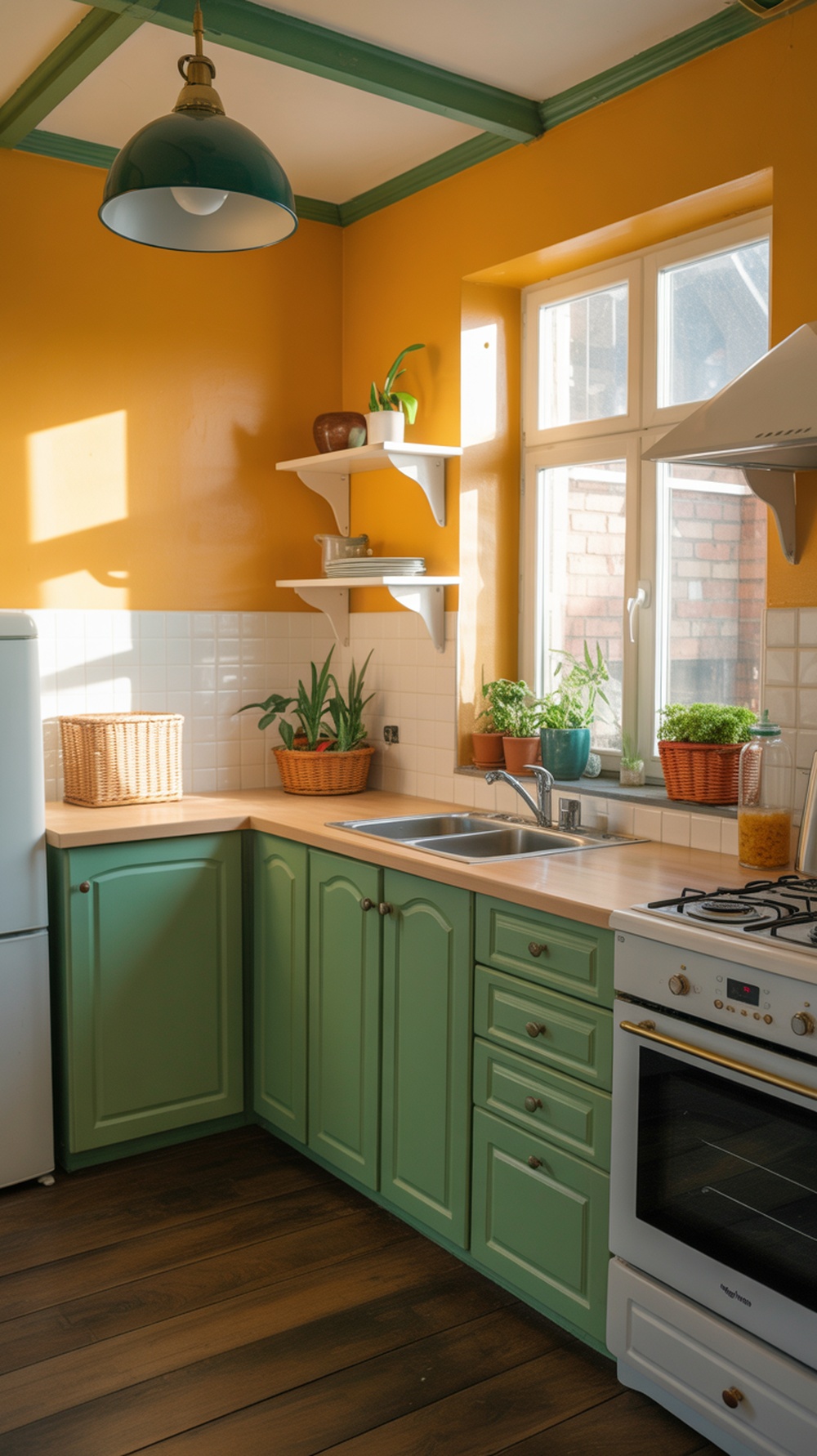 A small kitchen with bright yellow walls and green cabinets, featuring open shelves and plants.