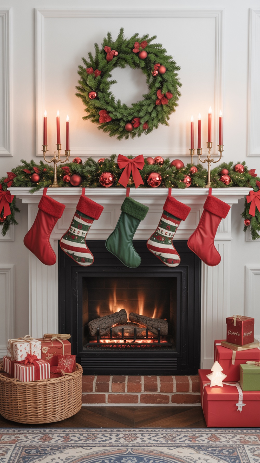 A beautifully decorated Christmas fireplace mantel with red and green accents, stockings, and festive ornaments.