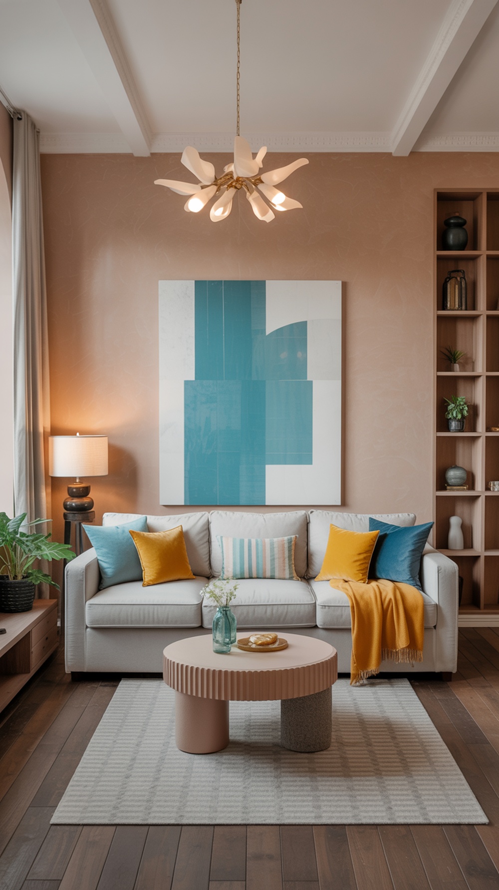 A bright living room featuring turquoise highlights with a cozy couch, colorful cushions, and a unique coffee table.