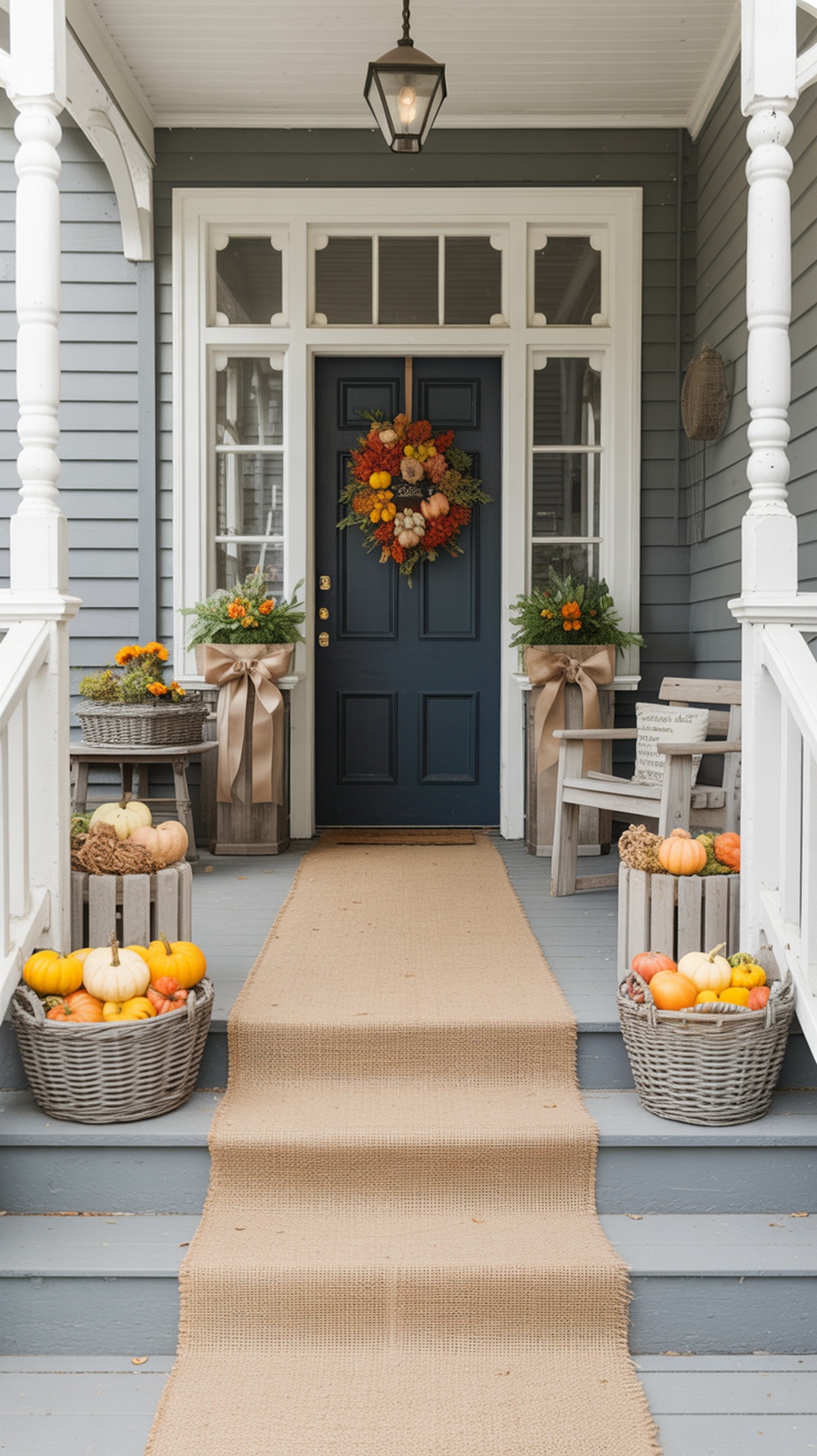 A cozy porch decorated for Thanksgiving with burlap ribbons, pumpkins, and a colorful wreath.