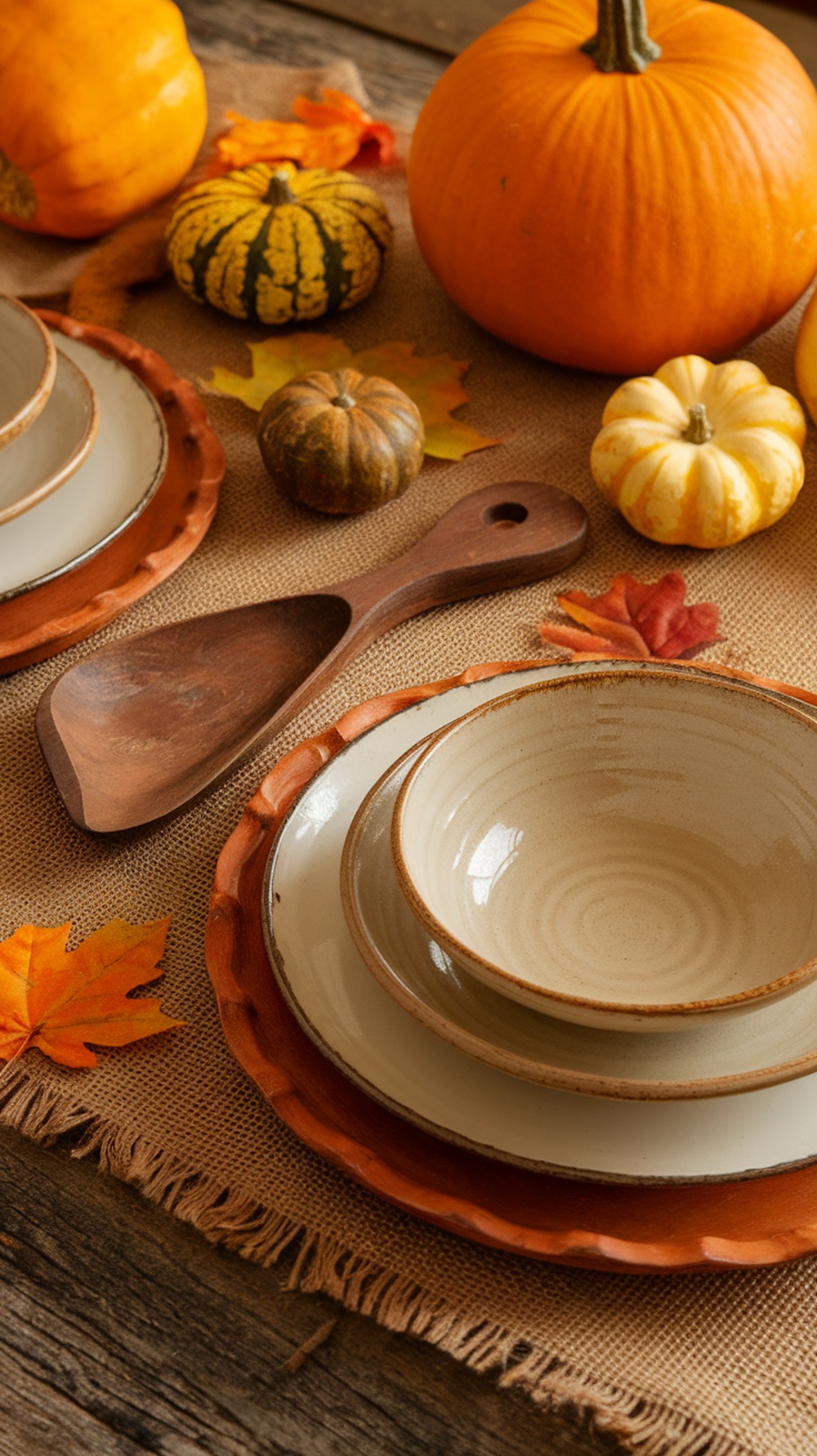 A rustic Thanksgiving table set with a burlap tablecloth, pumpkins, and pottery dishes.