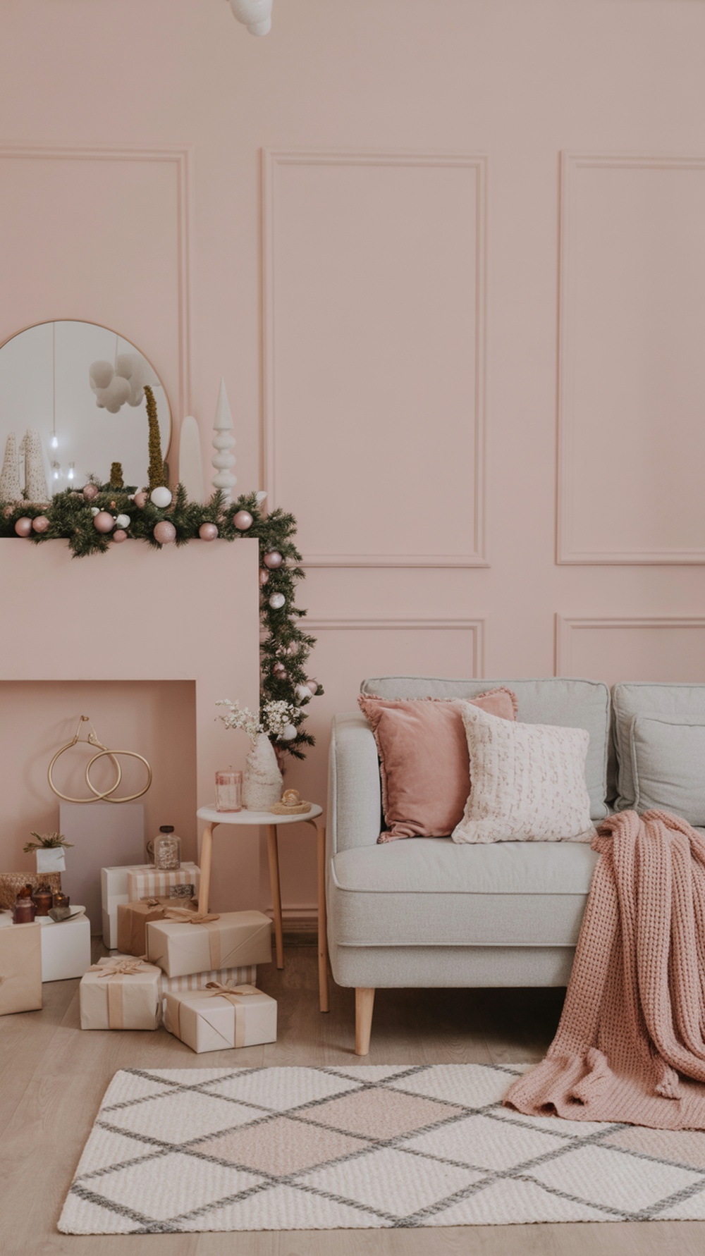 A cozy living room decorated for Christmas with soft pink walls, a green garland on the mantel, and neutral-toned gift boxes.
