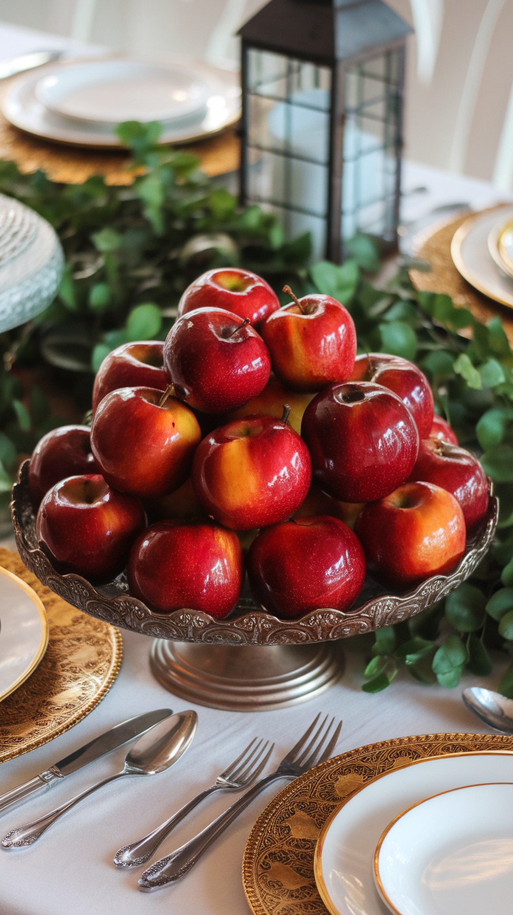 A decorative centerpiece featuring shiny red apples stacked on a silver platter, surrounded by greenery and elegant table settings.