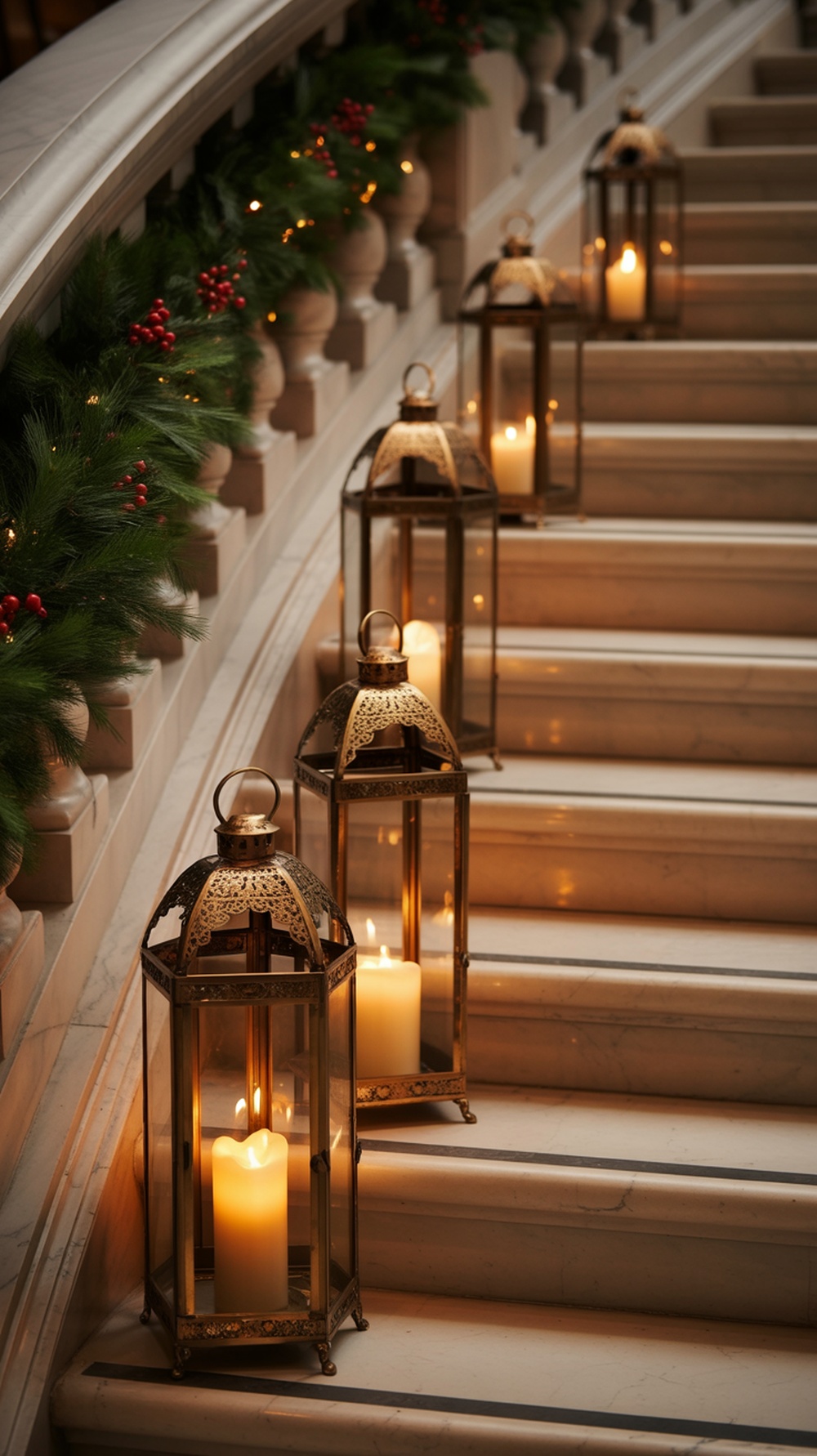 Candle lanterns placed on a staircase, illuminating the steps with a warm glow.