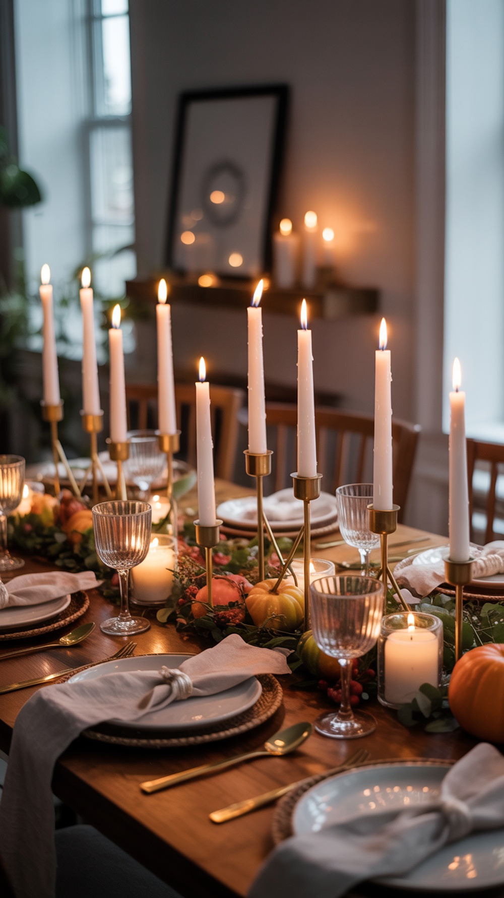 A beautifully set Thanksgiving table with tall white candles in gold holders, surrounded by greenery and seasonal fruits.