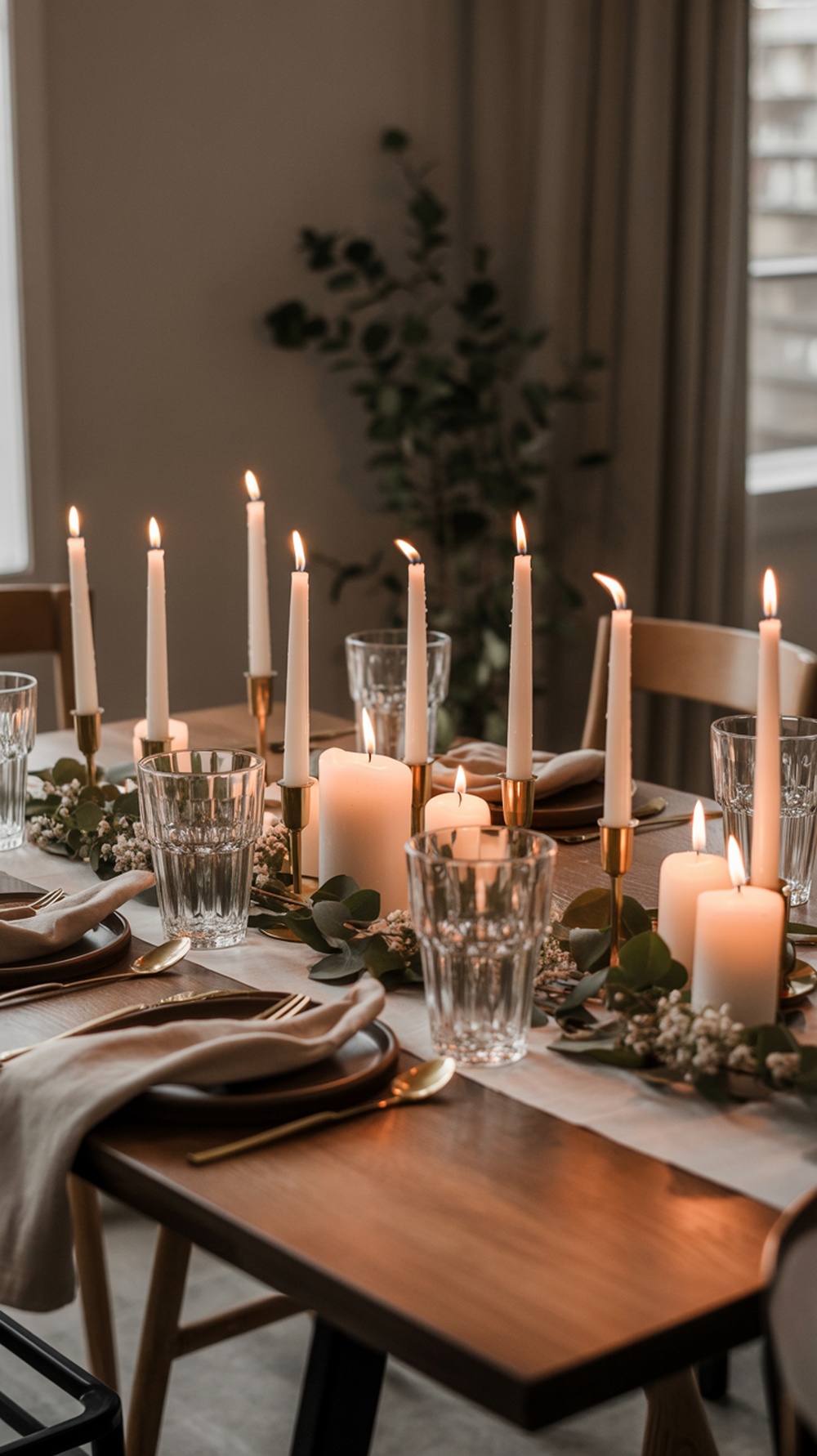 A rustic Thanksgiving table setting with candles, greenery, and elegant glassware.