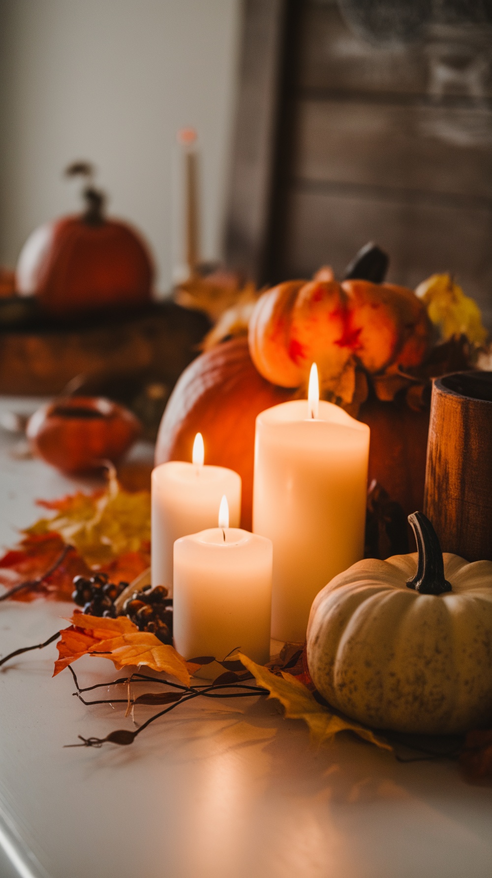 A Thanksgiving table decor featuring white candles, pumpkins, and autumn leaves.