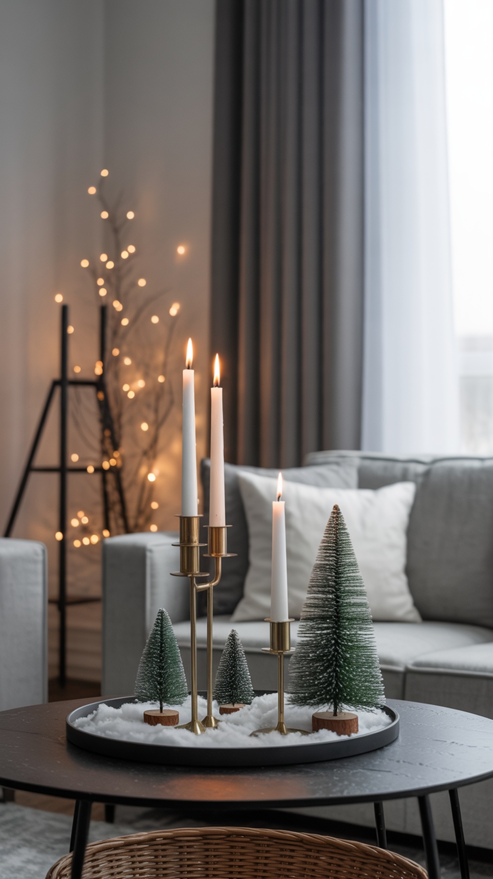 A cozy coffee table decorated with candles and miniature evergreen trees, creating a winter wonderland vibe.