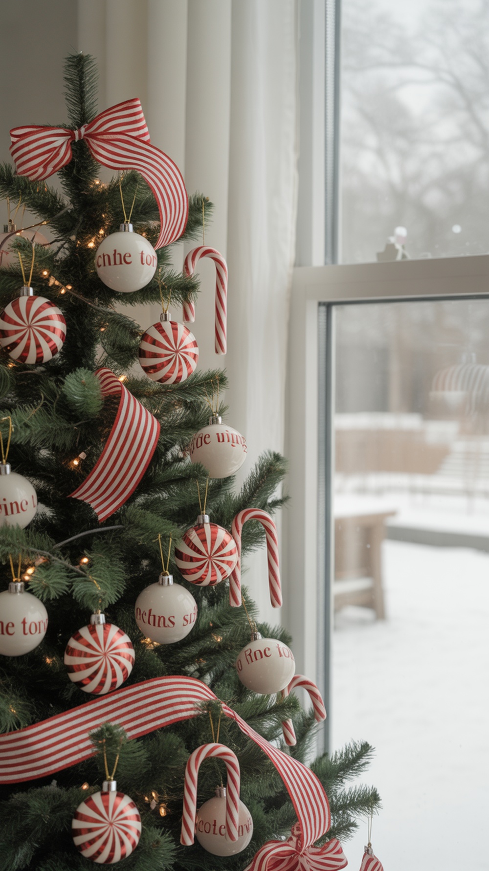 A Christmas tree decorated with red and white striped ornaments and candy cane decorations, featuring a large striped bow on top.