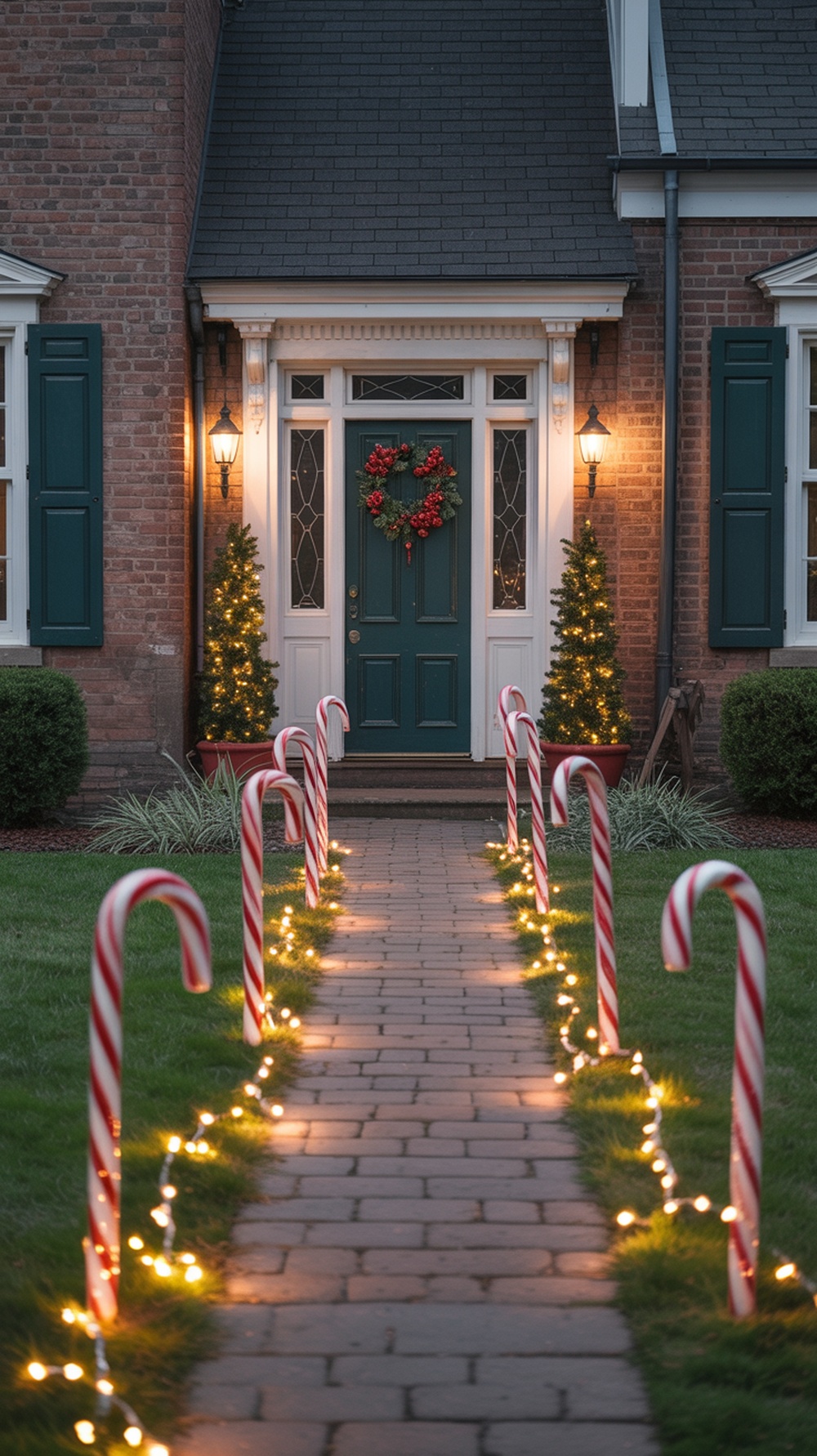 A festive pathway lined with candy cane lights leading to a decorated front door.