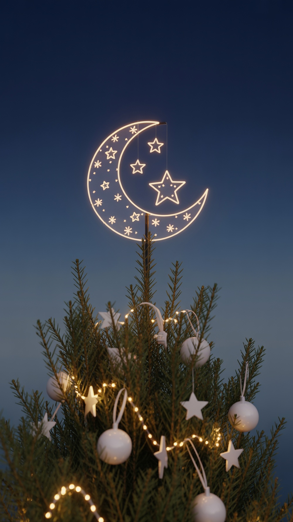 A Christmas tree topper featuring a glowing moon and stars design.