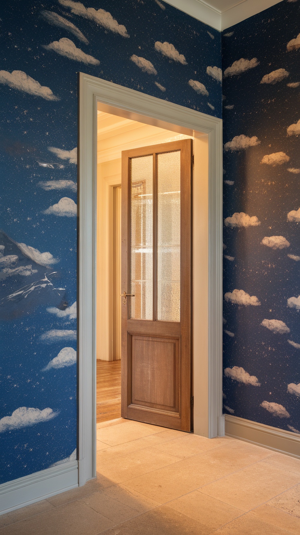 Entryway with celestial patterned wallpaper featuring clouds and stars.