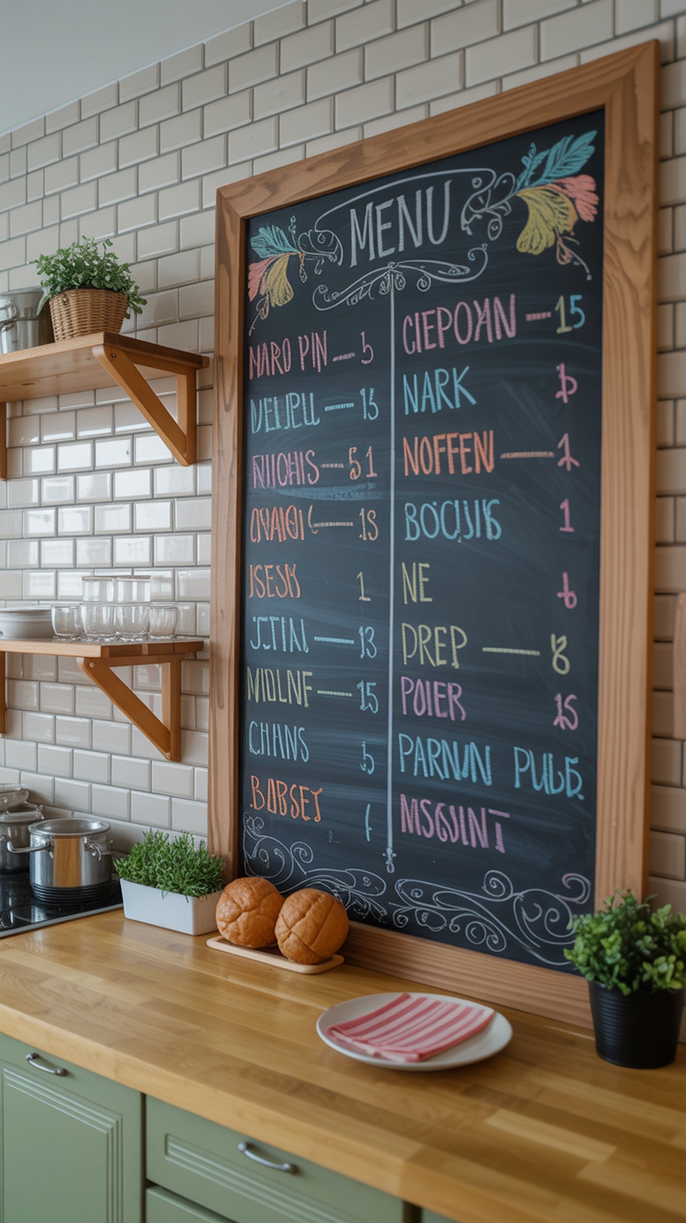 Chalkboard menu display in a kitchen with colorful handwriting and wooden frame