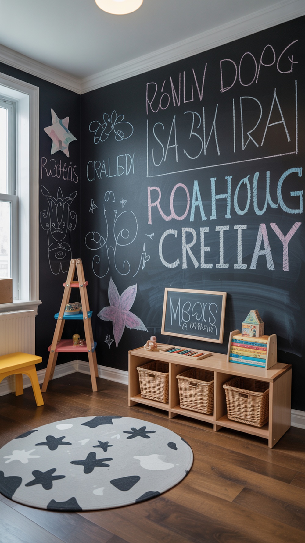 A playroom with chalkboard walls filled with colorful drawings and a cozy rug.