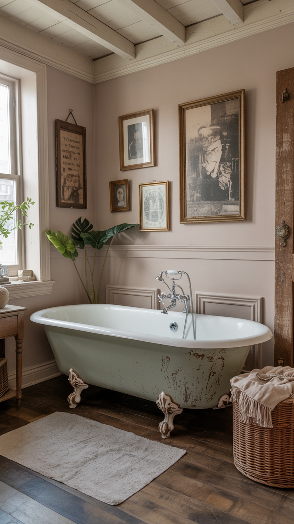 A vintage bathroom featuring a charming clawfoot bathtub with a mint green finish, surrounded by framed artwork and plants.