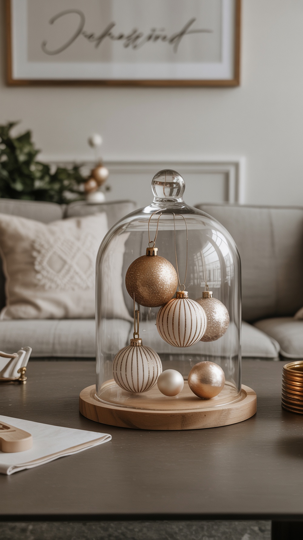 A glass cloche displaying decorative ornaments on a coffee table, surrounded by cozy decor.