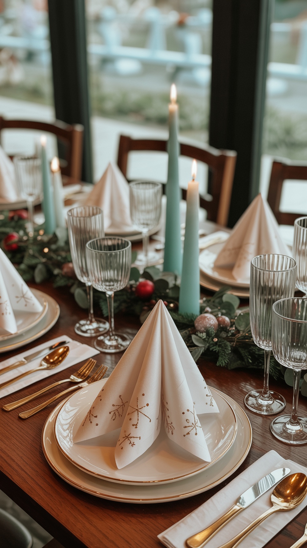 A beautifully set dining table with folded napkins, elegant glassware, and candles, creating a festive holiday atmosphere.