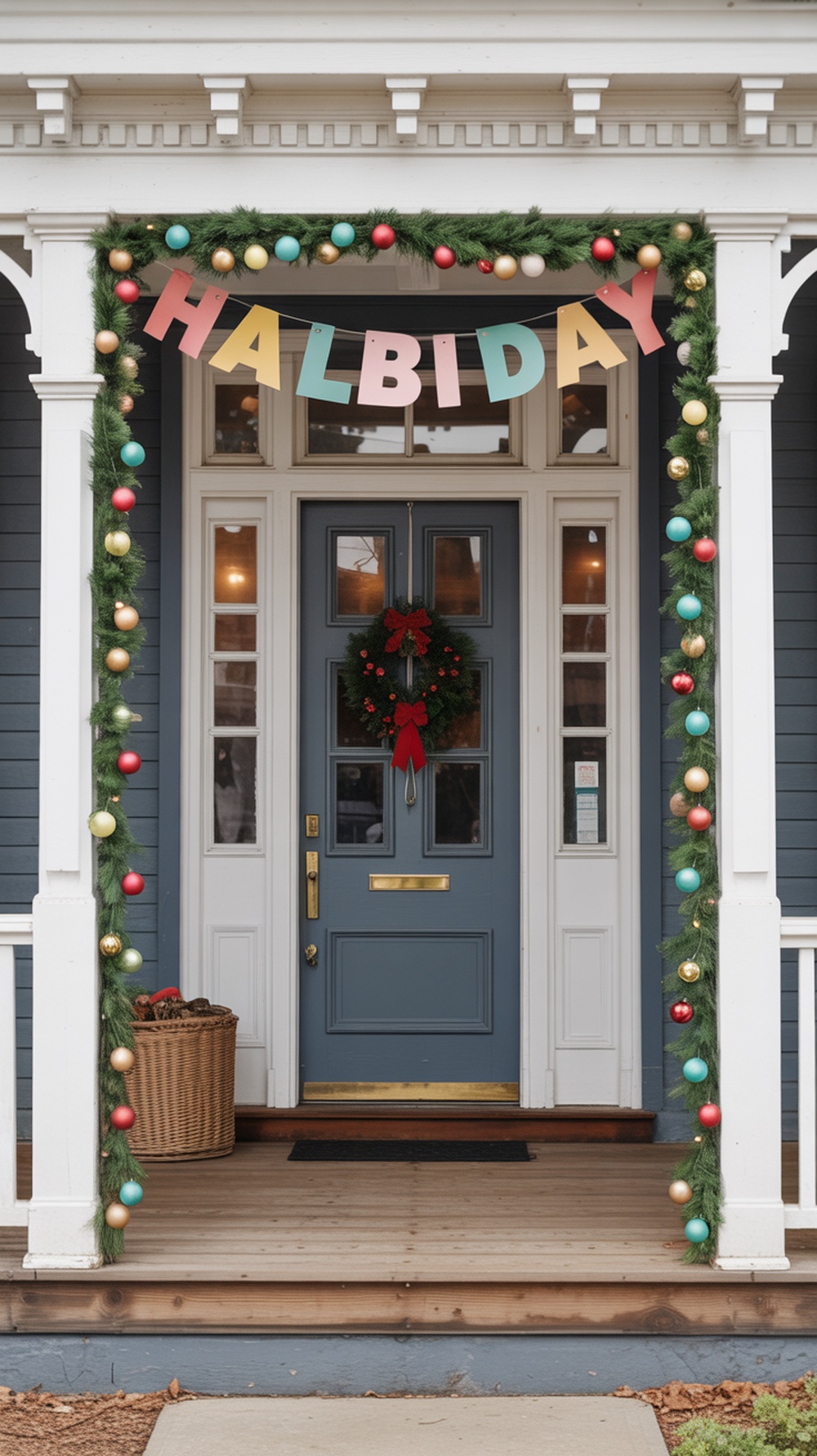 A front porch decorated for Christmas with a colorful banner and garland.