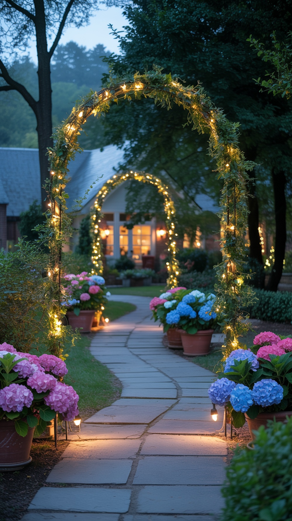 A charming pathway with lighted arches and colorful hydrangea flowers