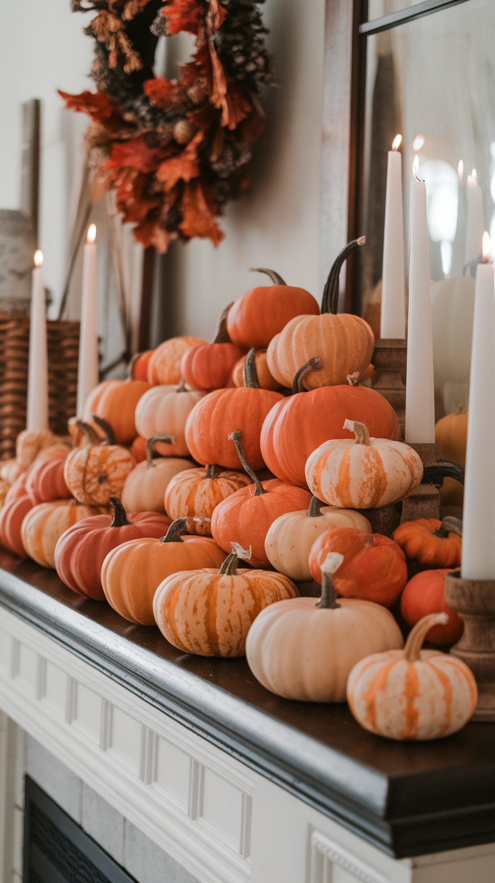 A collection of mini pumpkins in various colors and sizes arranged on a mantel with candles and an autumn wreath.